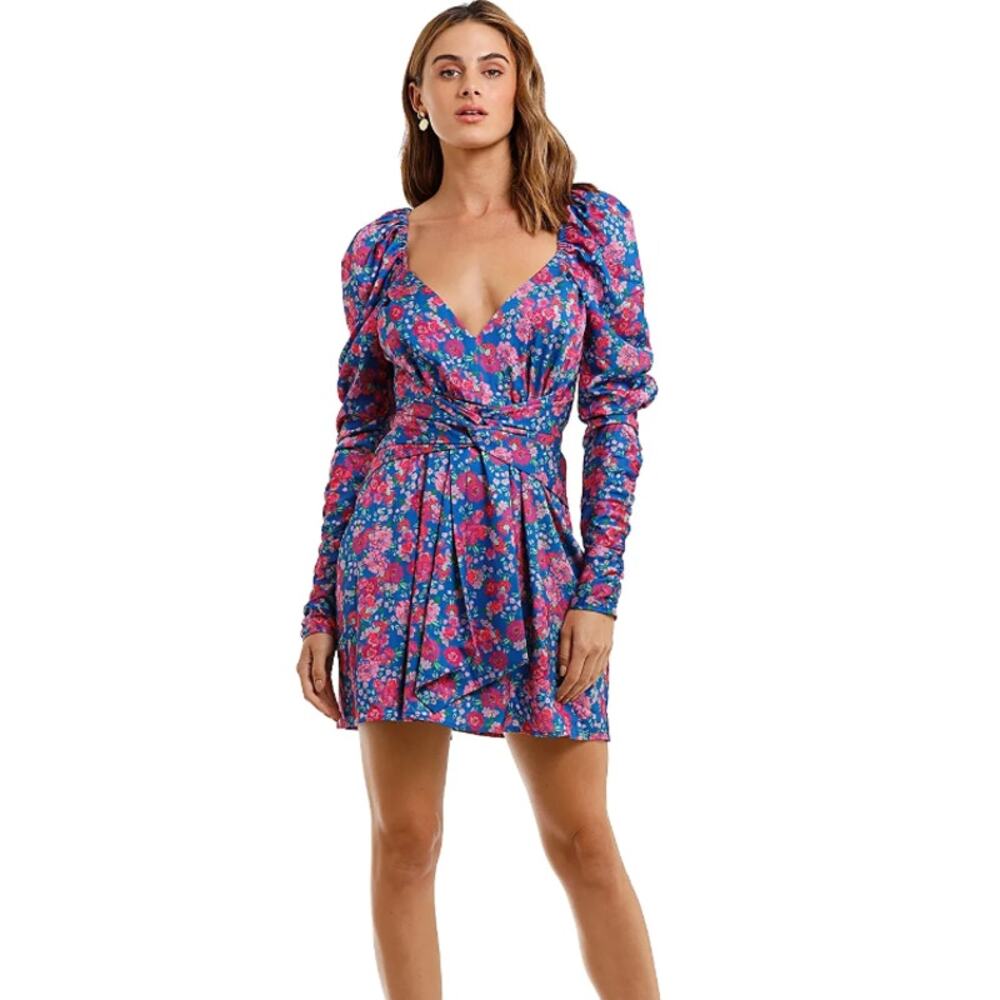 For Love And Lemons Annie Mini Dress Women's XS Purple Floral Boho Stretch NWT